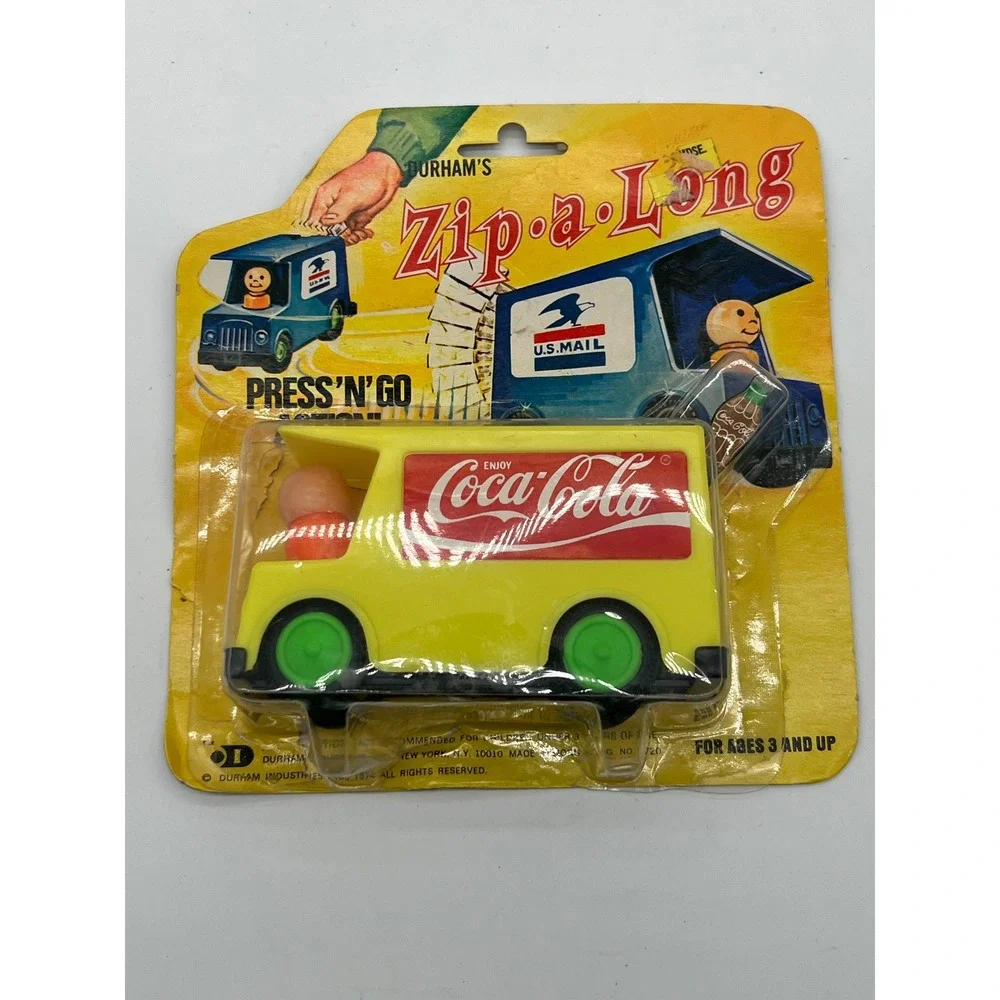 Durham Industries Coca Cola Zip a Long Press n Go Yellow Van Toy‎ Vintage 1974